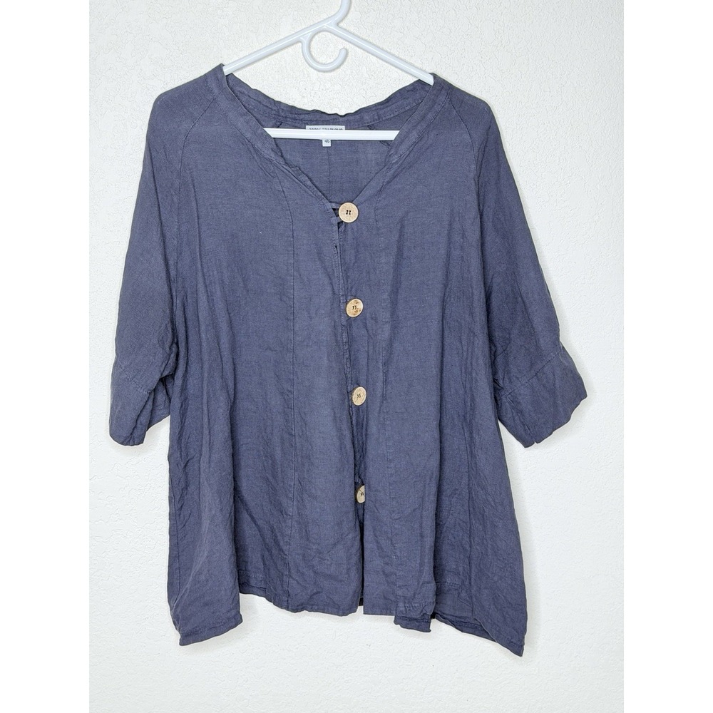 100% LIN BLANC Linen Top Size 46/L/XL Blue Wood Button Up Oversized Italy - Picture 2 of 10